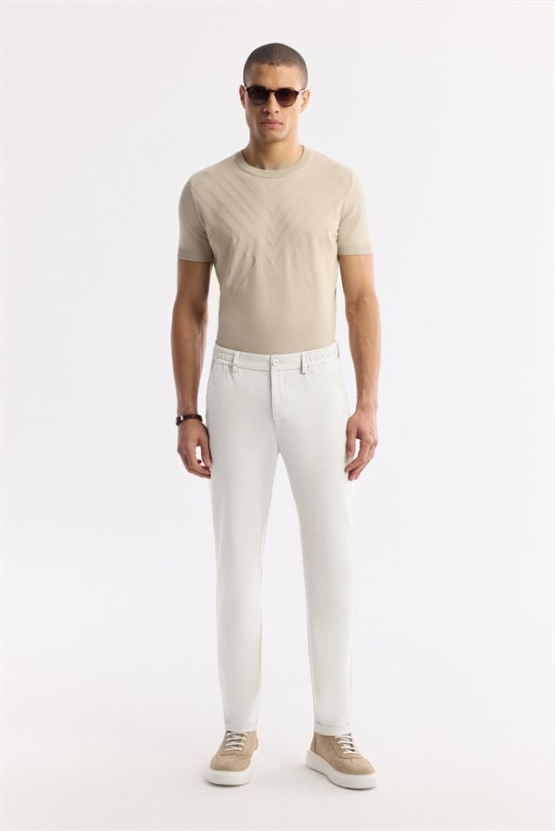 Bej Beli Lastikli Bi-Stretch Chino Pantolon