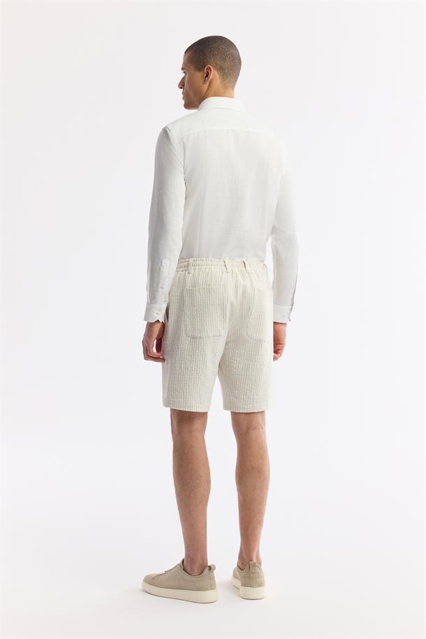 Bej Beli Lastikli Bağcıklı Gofreli Pamuklu Şort
