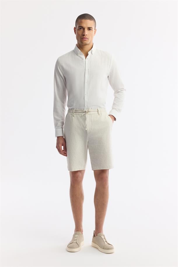 Bej Beli Lastikli Bağcıklı Gofreli Pamuklu Şort