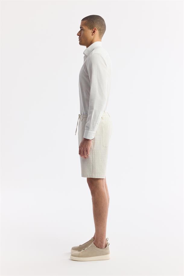 Bej Beli Lastikli Bağcıklı Gofreli Pamuklu Şort