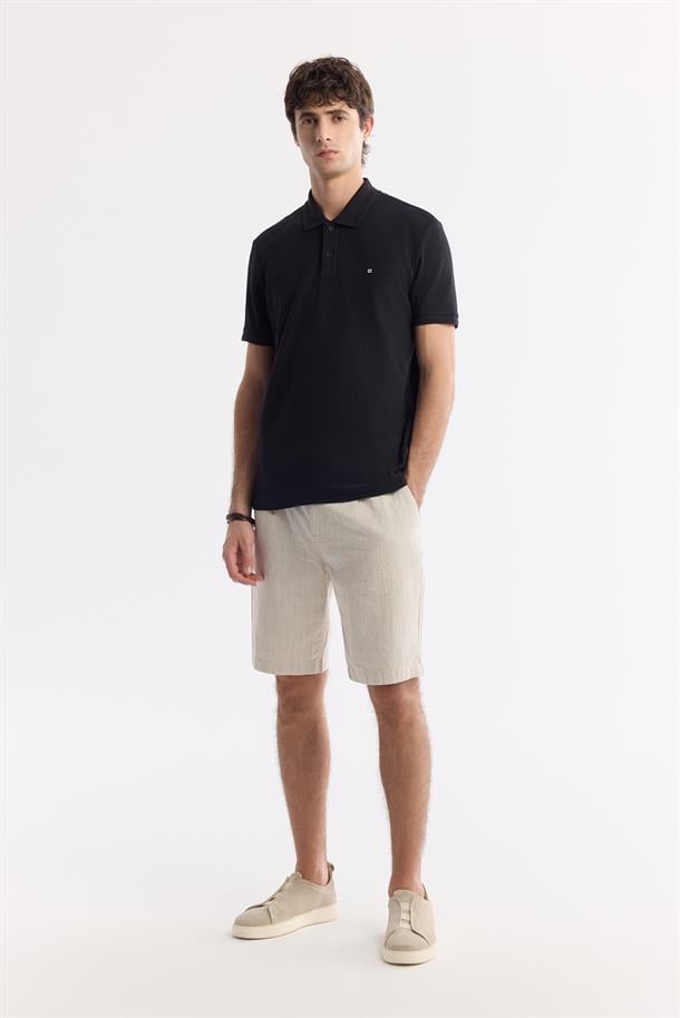 Bej Beli Lastikli Keten Karışımlı Şort