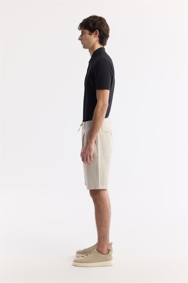 Bej Beli Lastikli Keten Karışımlı Şort