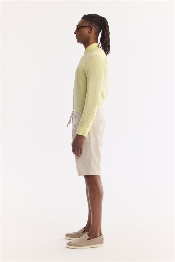 Bej Beli Lastikli Keten Karışımlı Şort