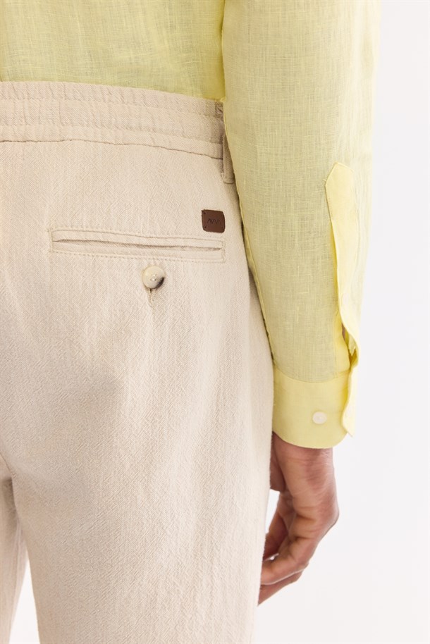 Bej Beli Lastikli Keten Karışımlı Şort