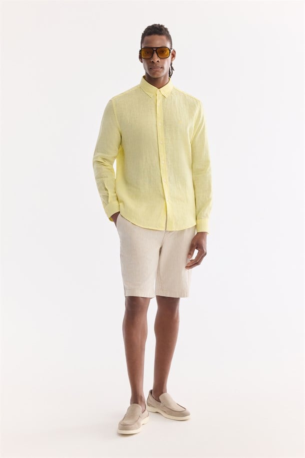 Bej Beli Lastikli Keten Karışımlı Şort