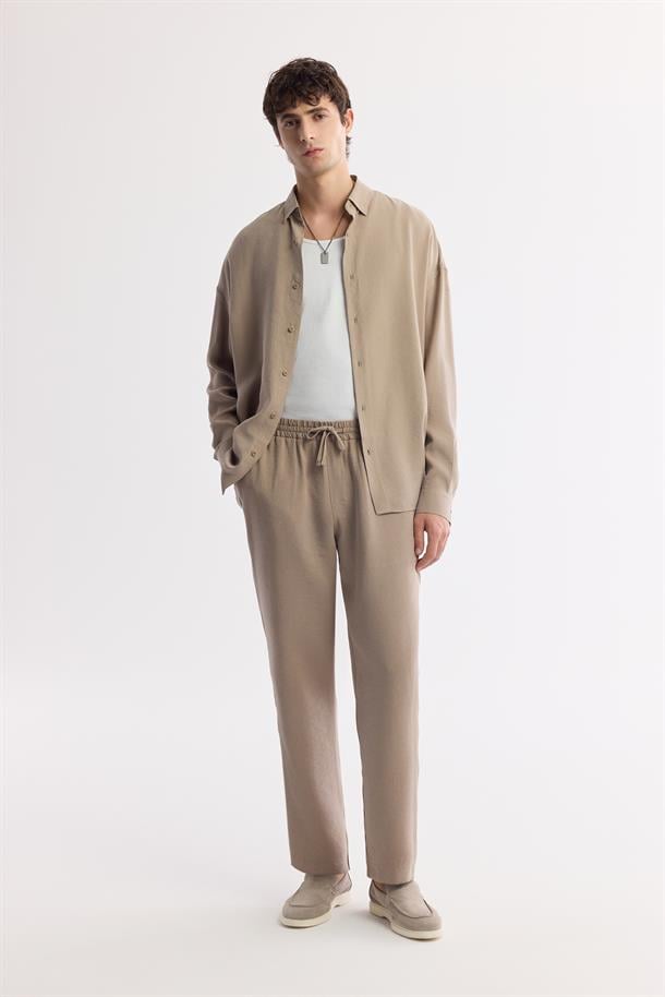 Bej Beli Lastikli Bağcıklı Soft Touch Pantolon