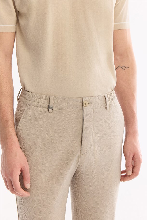 Bej Beli Lastikli Viskon Karışımlı Elastan Chino Pantolon