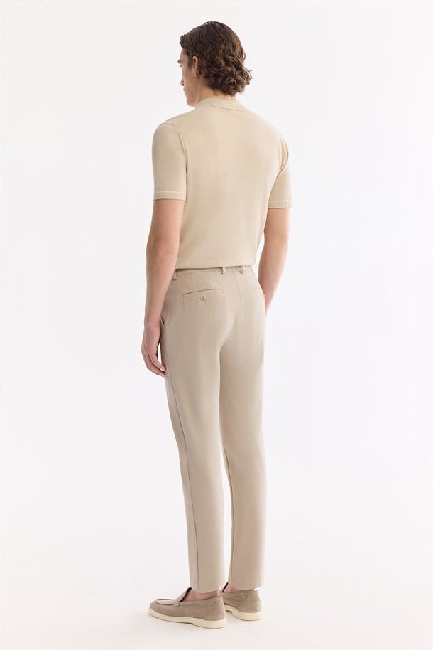 Bej Beli Lastikli Viskon Karışımlı Elastan Chino Pantolon