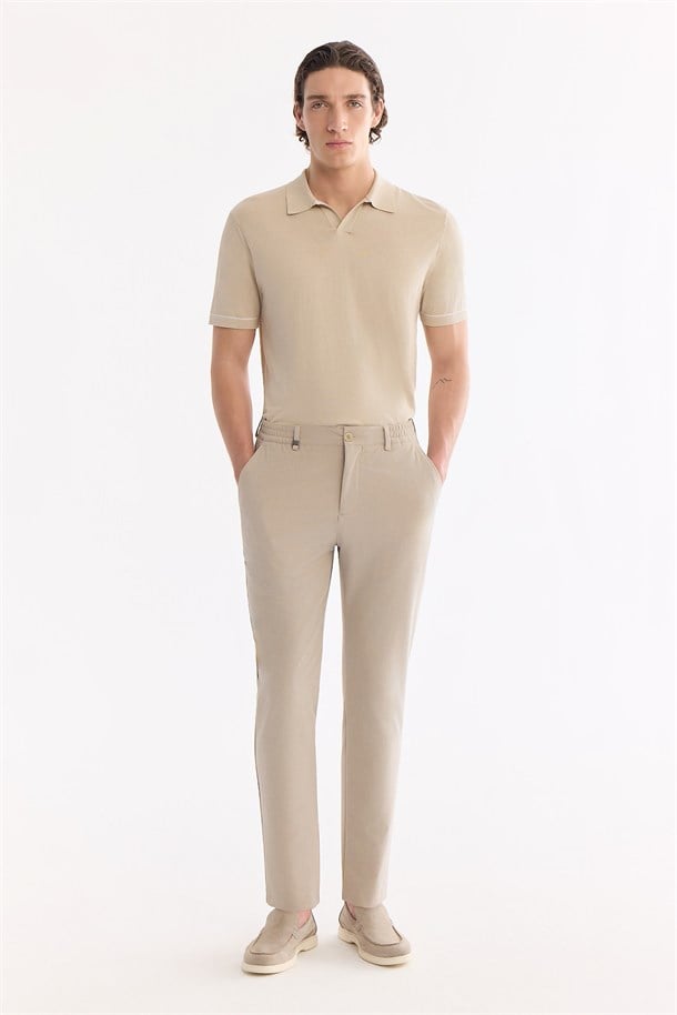 Bej Beli Lastikli Viskon Karışımlı Elastan Chino Pantolon
