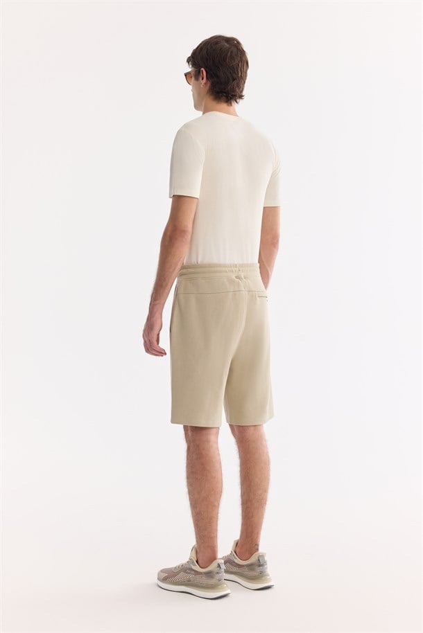 Bej Beli Lastikli Yandan Cepli Nervürlü Pike İnterlok Şort