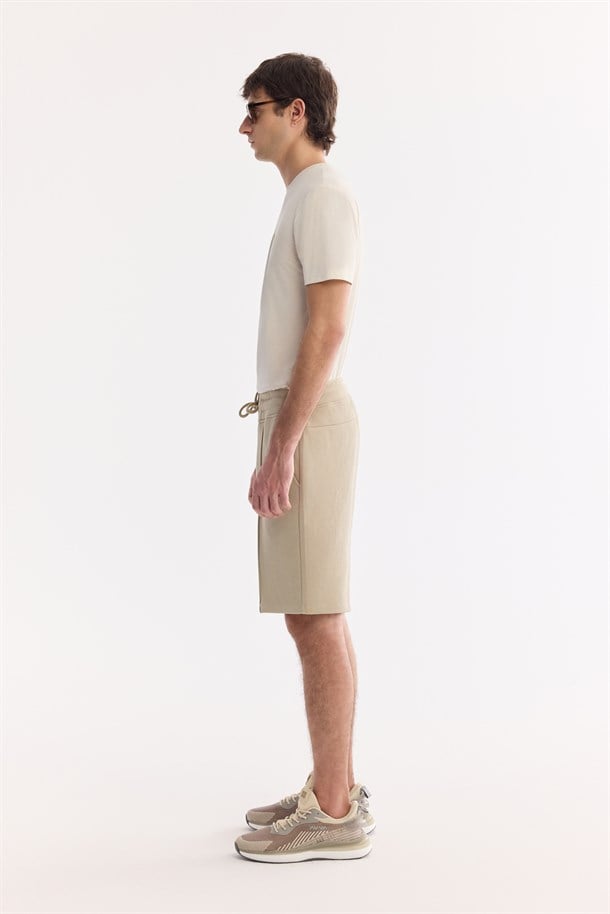 Bej Beli Lastikli Yandan Cepli Nervürlü Pike İnterlok Şort