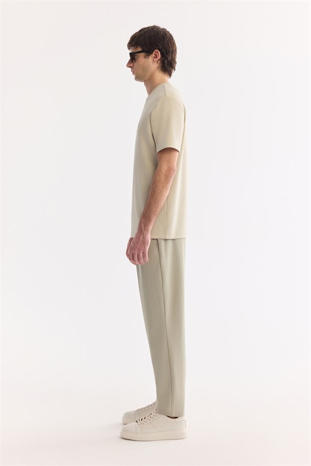 Bej Bisiklet Yaka Baskılı Bi-Stretch İnterlok T-Shirt