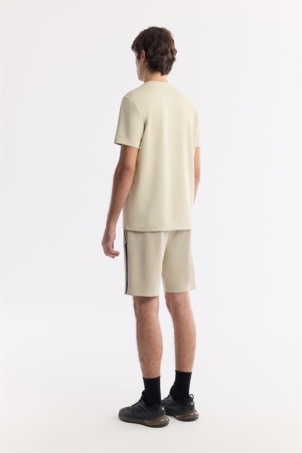 Bej Bisiklet Yaka Baskılı Bi-Stretch İnterlok T-Shirt