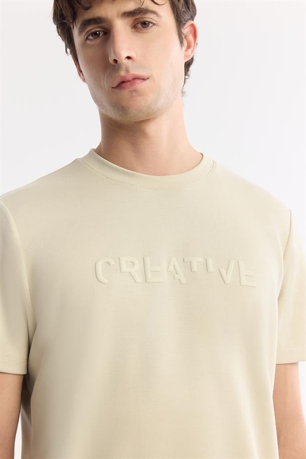 Bej Bisiklet Yaka Baskılı Bi-Stretch İnterlok T-Shirt