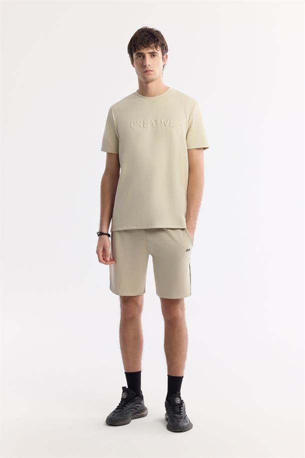 Bej Bisiklet Yaka Baskılı Bi-Stretch İnterlok T-Shirt