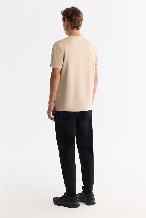 Bej Bisiklet Yaka Baskılı Elastan T-Shirt