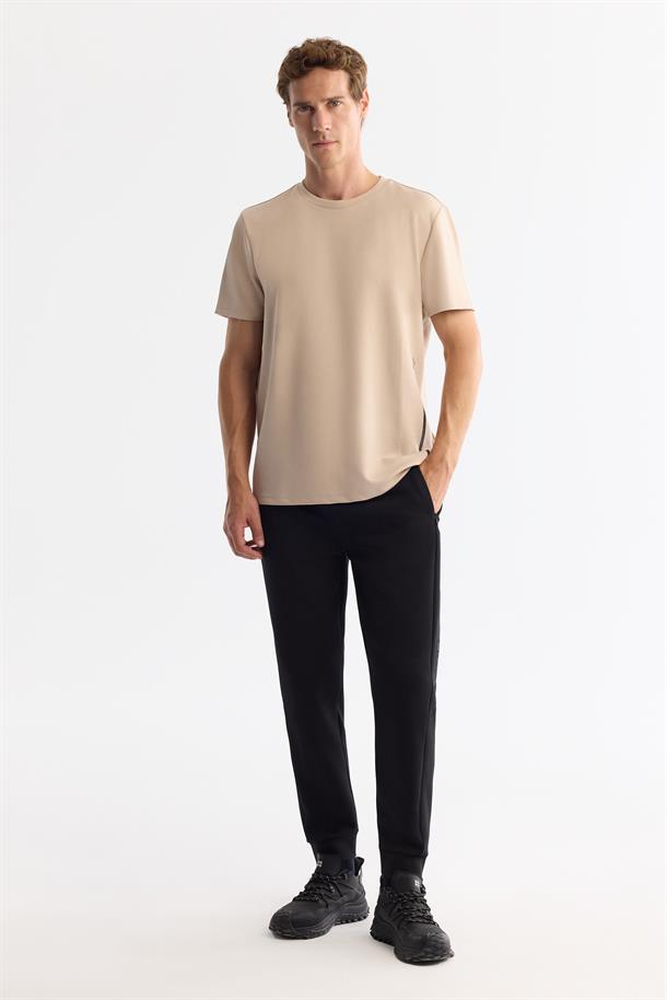 Bej Bisiklet Yaka Baskılı Elastan T-Shirt