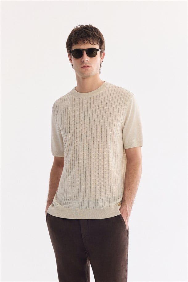 Bej Bisiklet Yaka Keten Karışımlı Triko T-Shirt