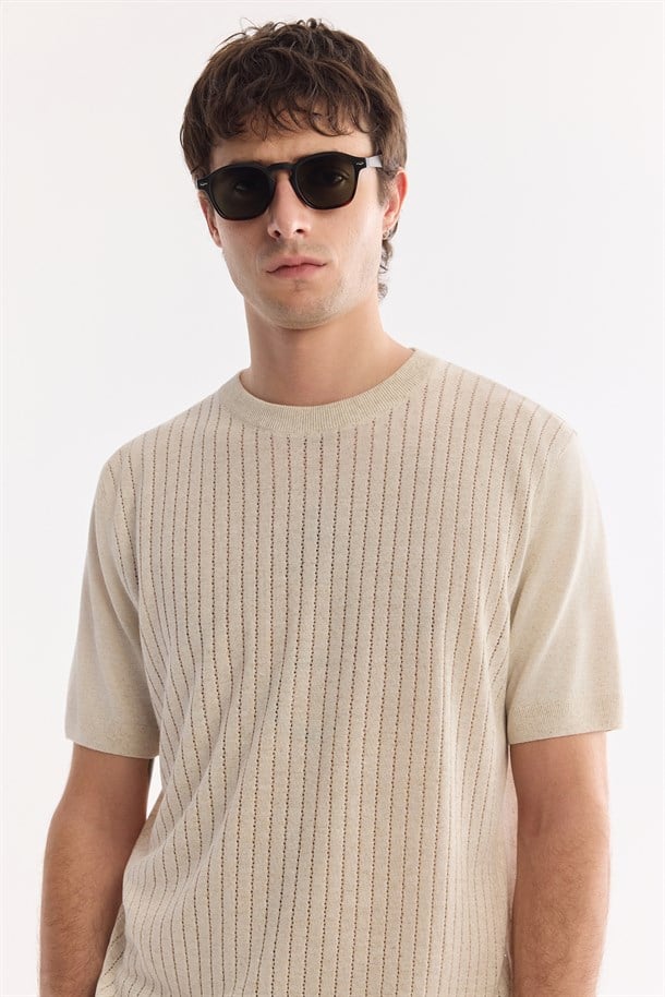 Bej Bisiklet Yaka Keten Karışımlı Triko T-Shirt