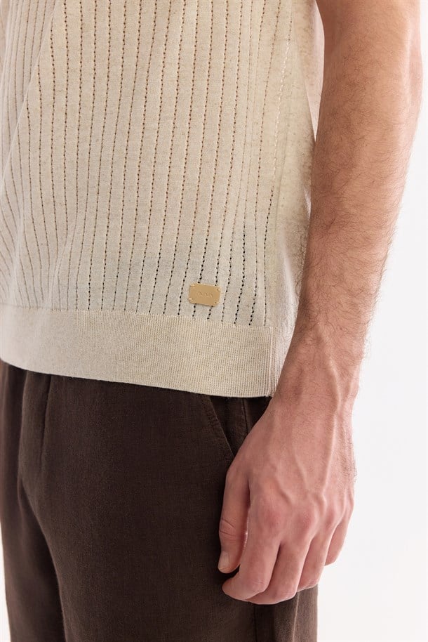 Bej Bisiklet Yaka Keten Karışımlı Triko T-Shirt