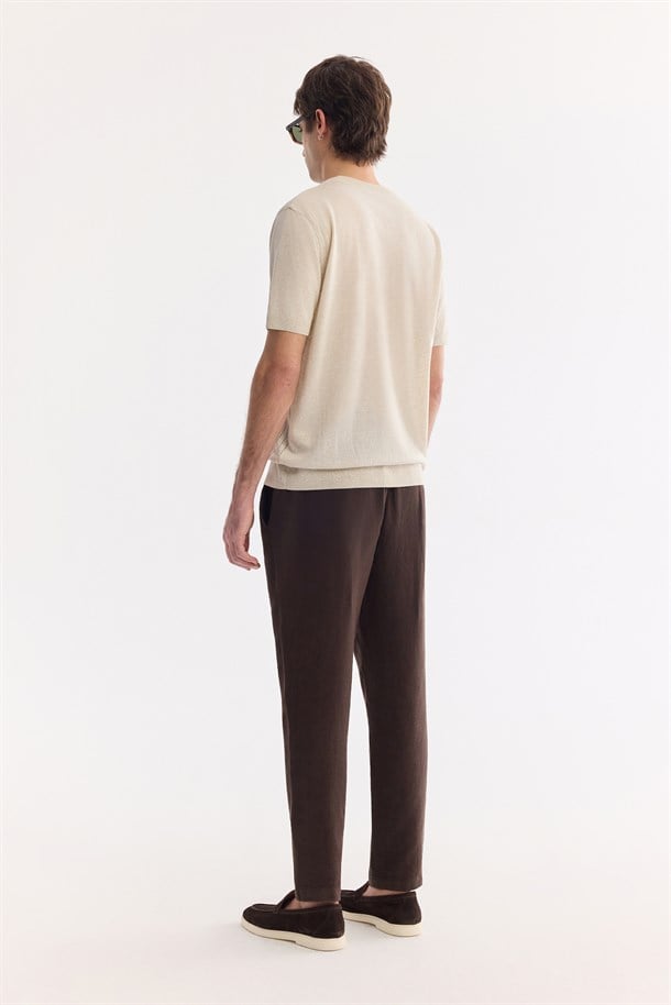 Bej Bisiklet Yaka Keten Karışımlı Triko T-Shirt