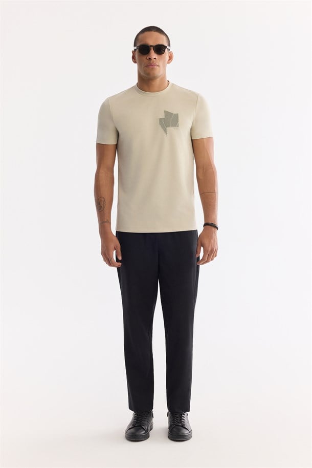 Bej Bisiklet Yaka Enjeksiyon Baskılı İnterlok T-Shirt