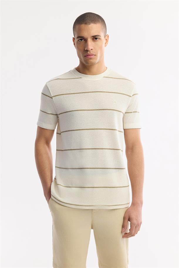 Bej Bisiklet Yaka Çizgili Pamuklu T-Shirt