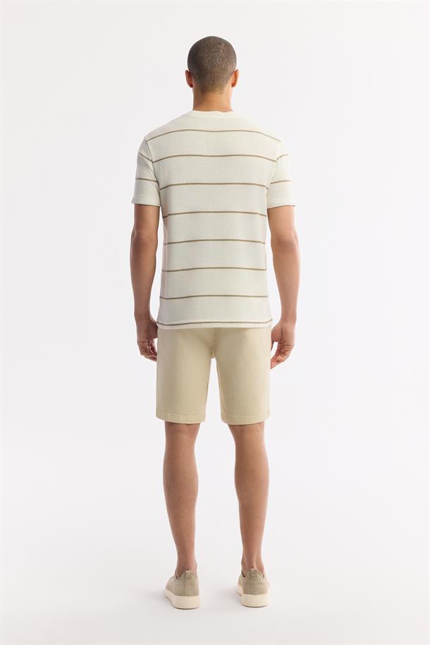 Bej Bisiklet Yaka Çizgili Pamuklu T-Shirt