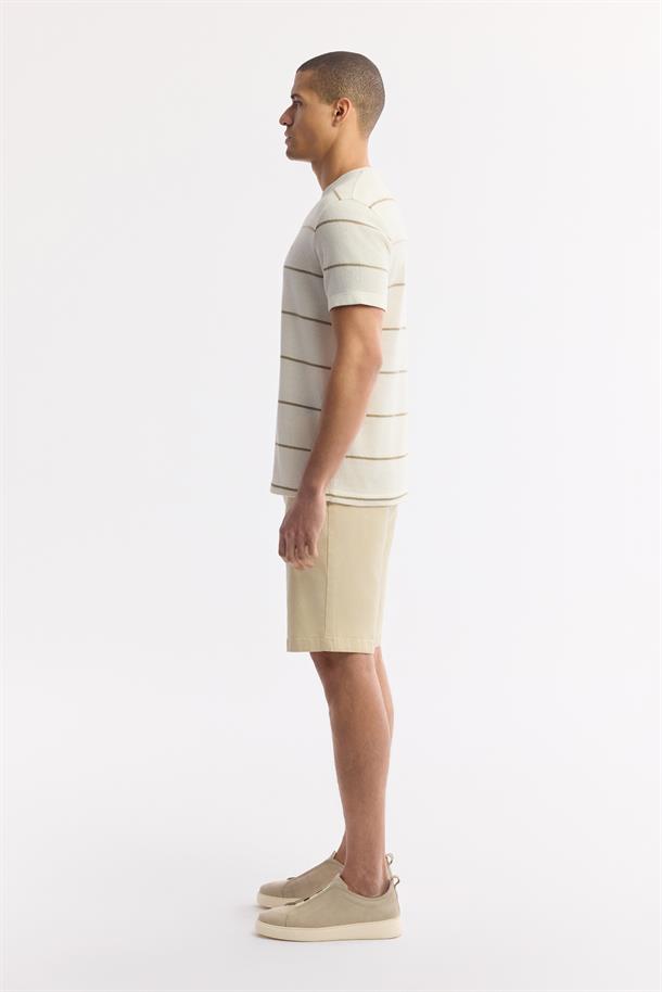 Bej Bisiklet Yaka Çizgili Pamuklu T-Shirt