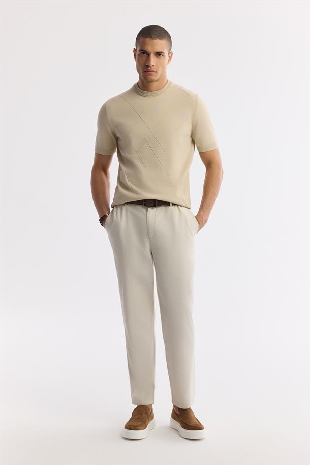 Bej Bisiklet Yaka Rayon Triko T-Shirt