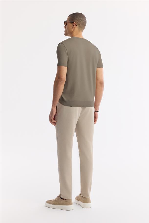 Bej Bisiklet Yaka Viskon Karışımlı Dokulu Triko T-Shirt