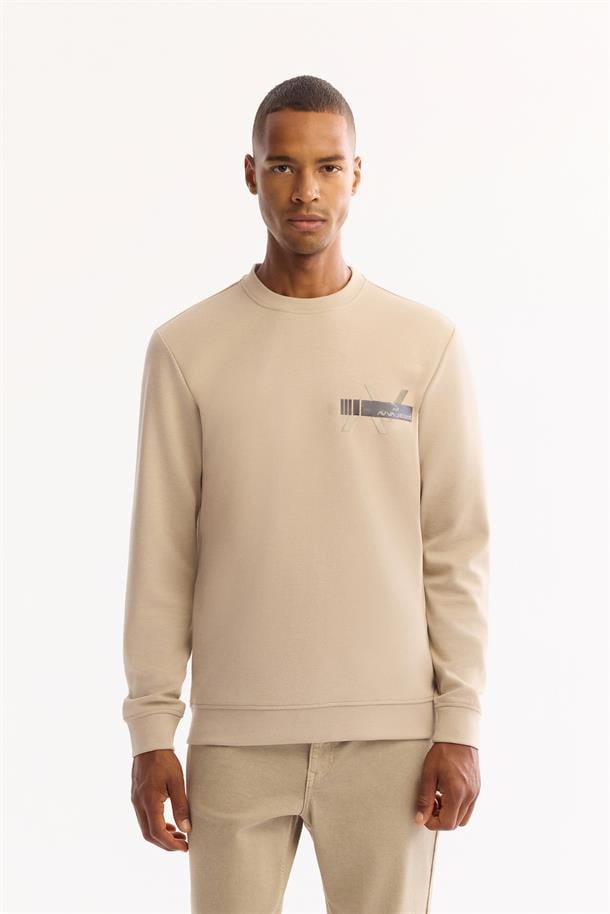 Bej Bisiklet Yaka Kolay Ütülenen Bi-Stretch Baskılı Sweatshirt