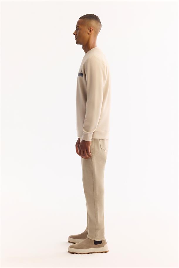 Bej Bisiklet Yaka Kolay Ütülenen Bi-Stretch Baskılı Sweatshirt