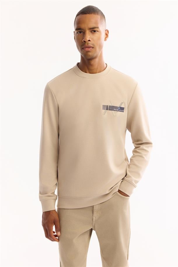 Bej Bisiklet Yaka Kolay Ütülenen Bi-Stretch Baskılı Sweatshirt