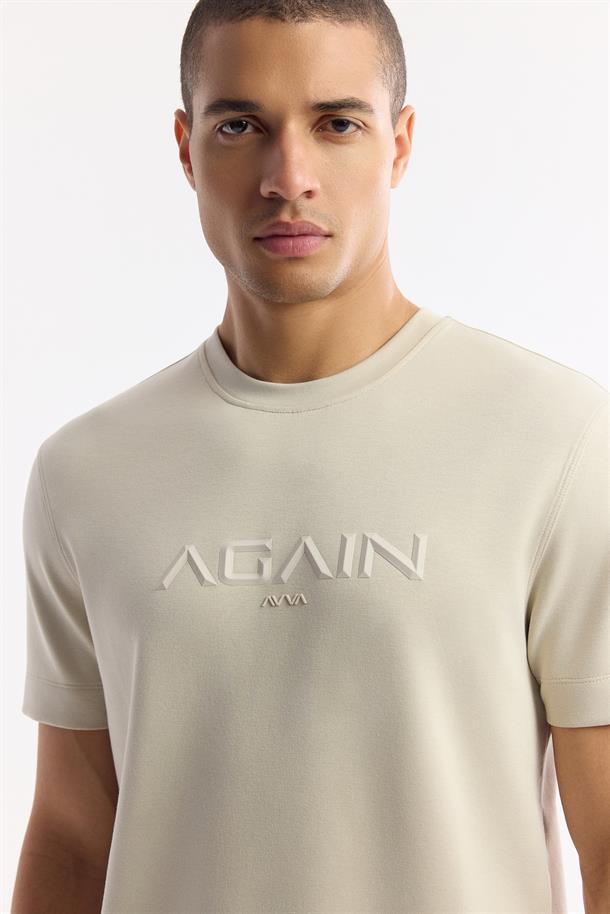 Bej Bisiklet Yaka Baskılı Bi-Stretch İnterlok T-Shirt