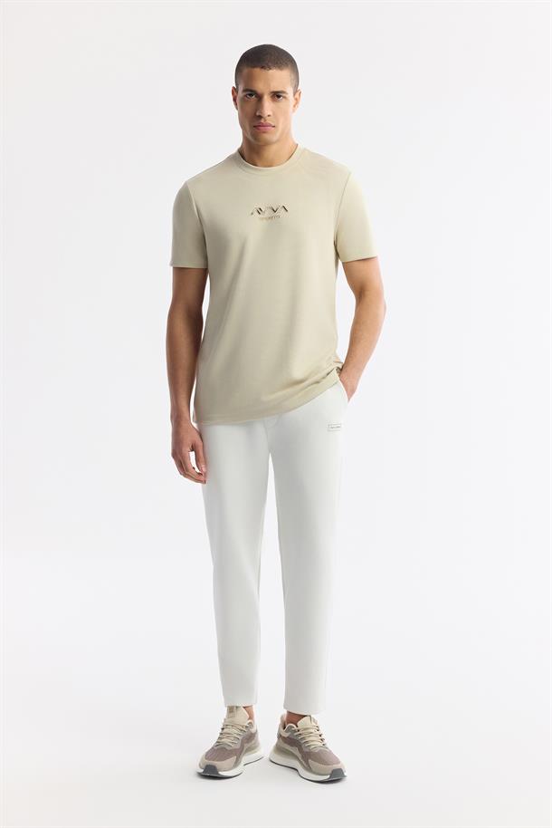 Bej Bisiklet Yaka Baskılı Bi-Stretch İnterlok T-Shirt