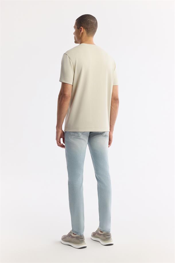 Bej Bisiklet Yaka Baskılı Bi-Stretch İnterlok T-Shirt