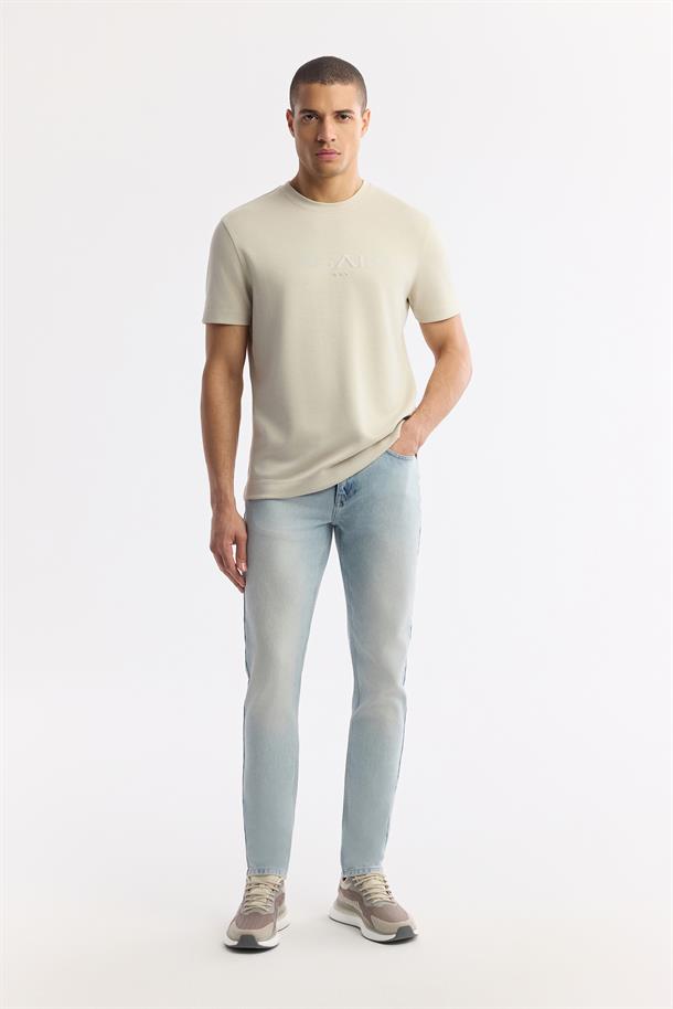 Bej Bisiklet Yaka Baskılı Bi-Stretch İnterlok T-Shirt