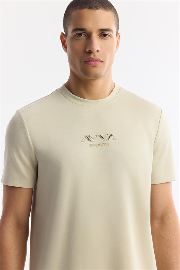 Bej Bisiklet Yaka Baskılı Bi-Stretch İnterlok T-Shirt