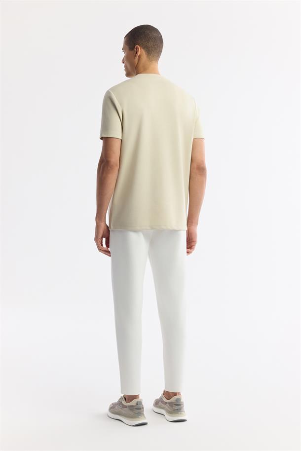 Bej Bisiklet Yaka Baskılı Bi-Stretch İnterlok T-Shirt