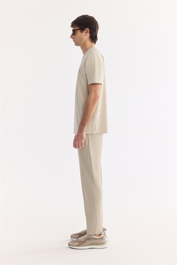 Bej Bisiklet Yaka Nefes Alan Soft Touch Baskılı T-Shirt
