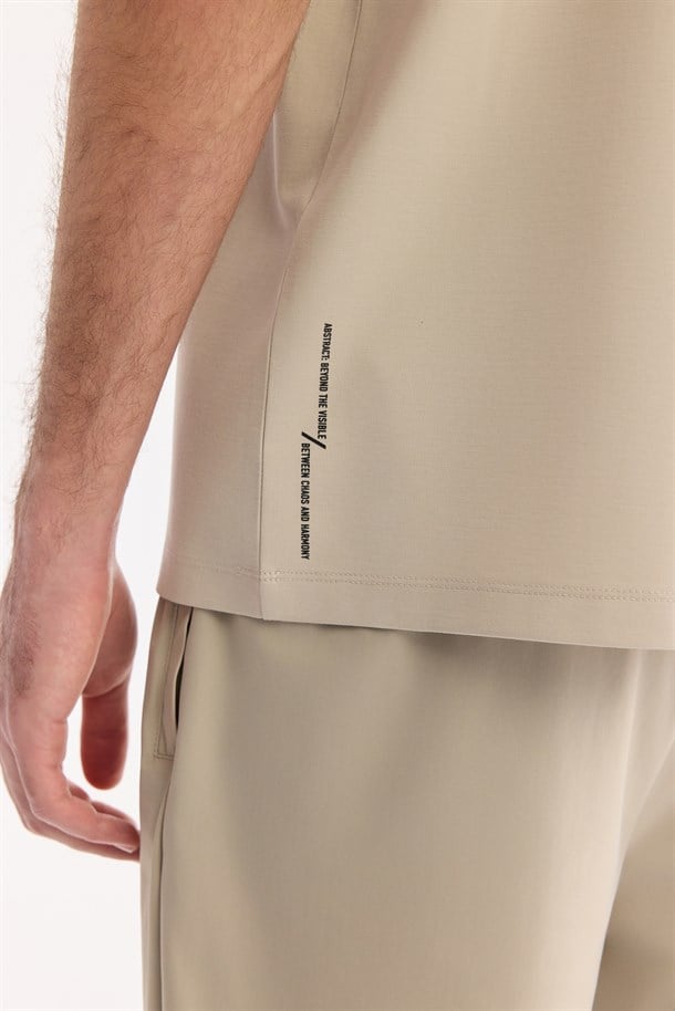 Bej Bisiklet Yaka Nefes Alan Soft Touch Baskılı T-Shirt