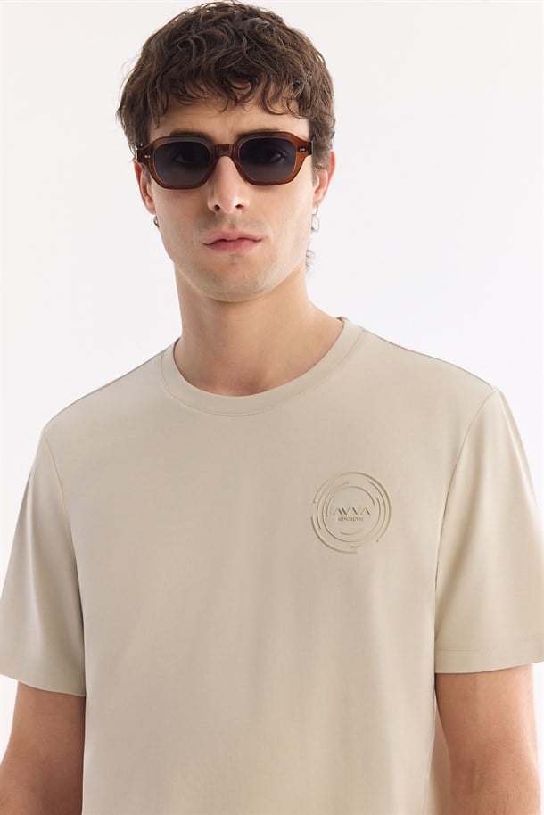 Bej Bisiklet Yaka Nefes Alan Soft Touch Baskılı T-Shirt