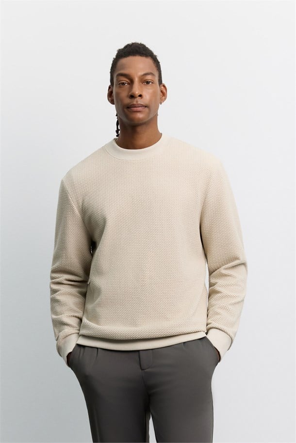 Bej Bisiklet Yaka Kolay Ütülenebilir Pamuklu Sweatshirt
