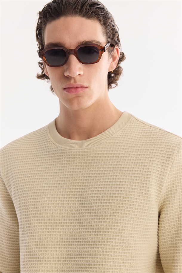 Bej Bisiklet Yaka Pamuklu Kolay Ütülenen Sweatshirt