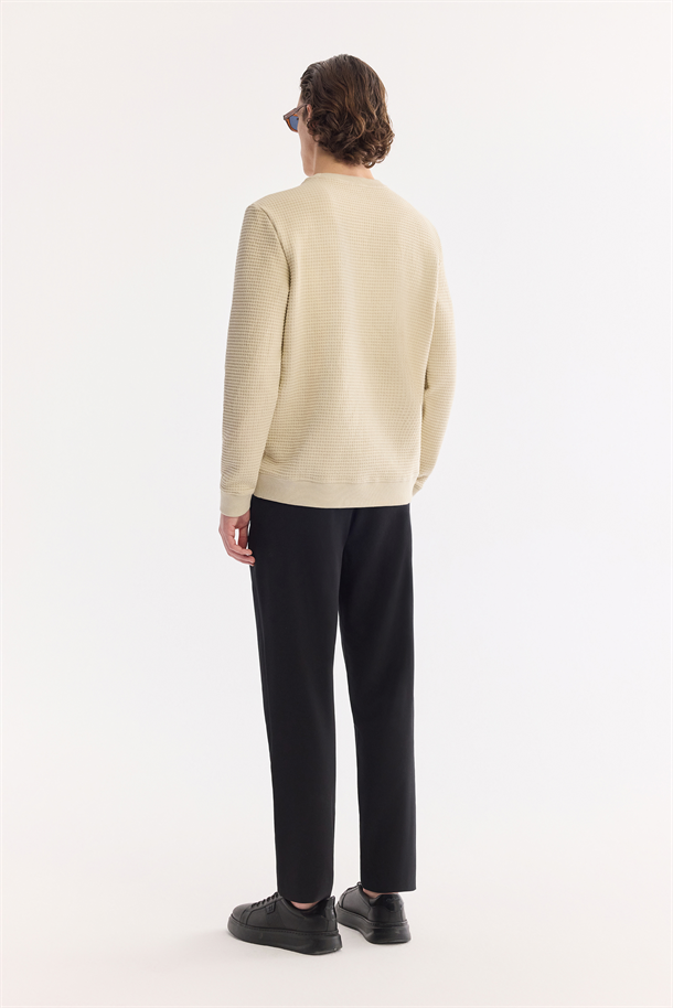 Bej Bisiklet Yaka Pamuklu Kolay Ütülenen Sweatshirt