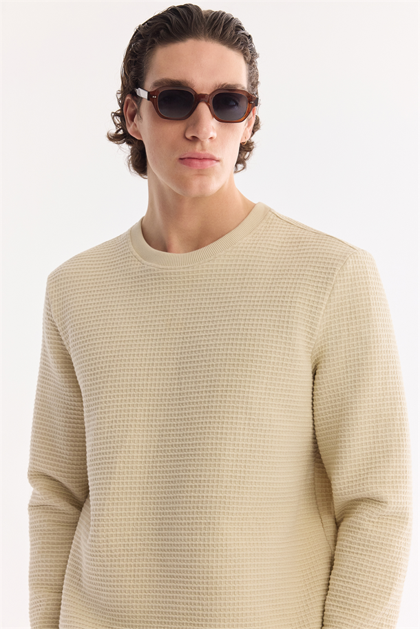 Bej Bisiklet Yaka Pamuklu Kolay Ütülenen Sweatshirt