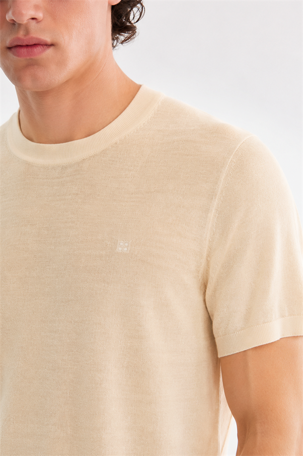 Bej Bisiklet Yaka Triko T-Shirt 