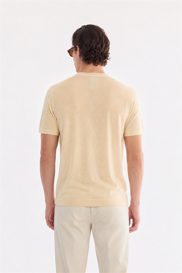 Bej Bisiklet Yaka Triko T-Shirt 