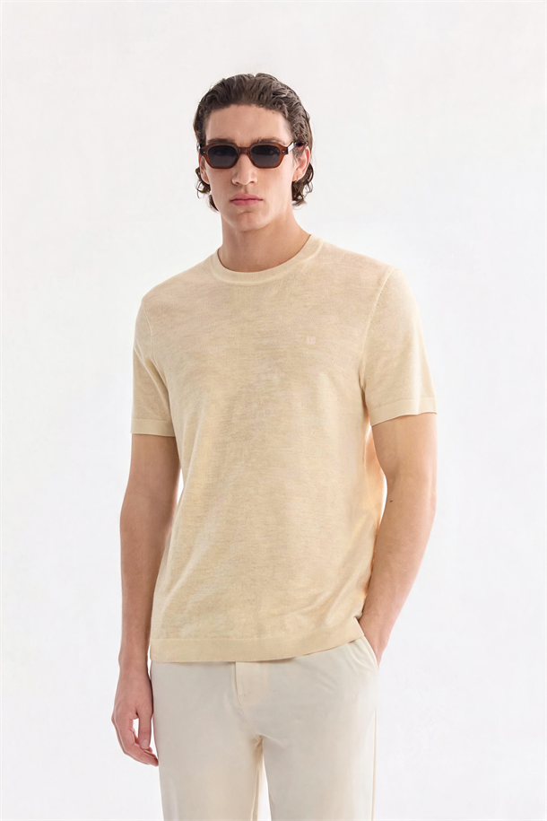Bej Bisiklet Yaka Triko T-Shirt 